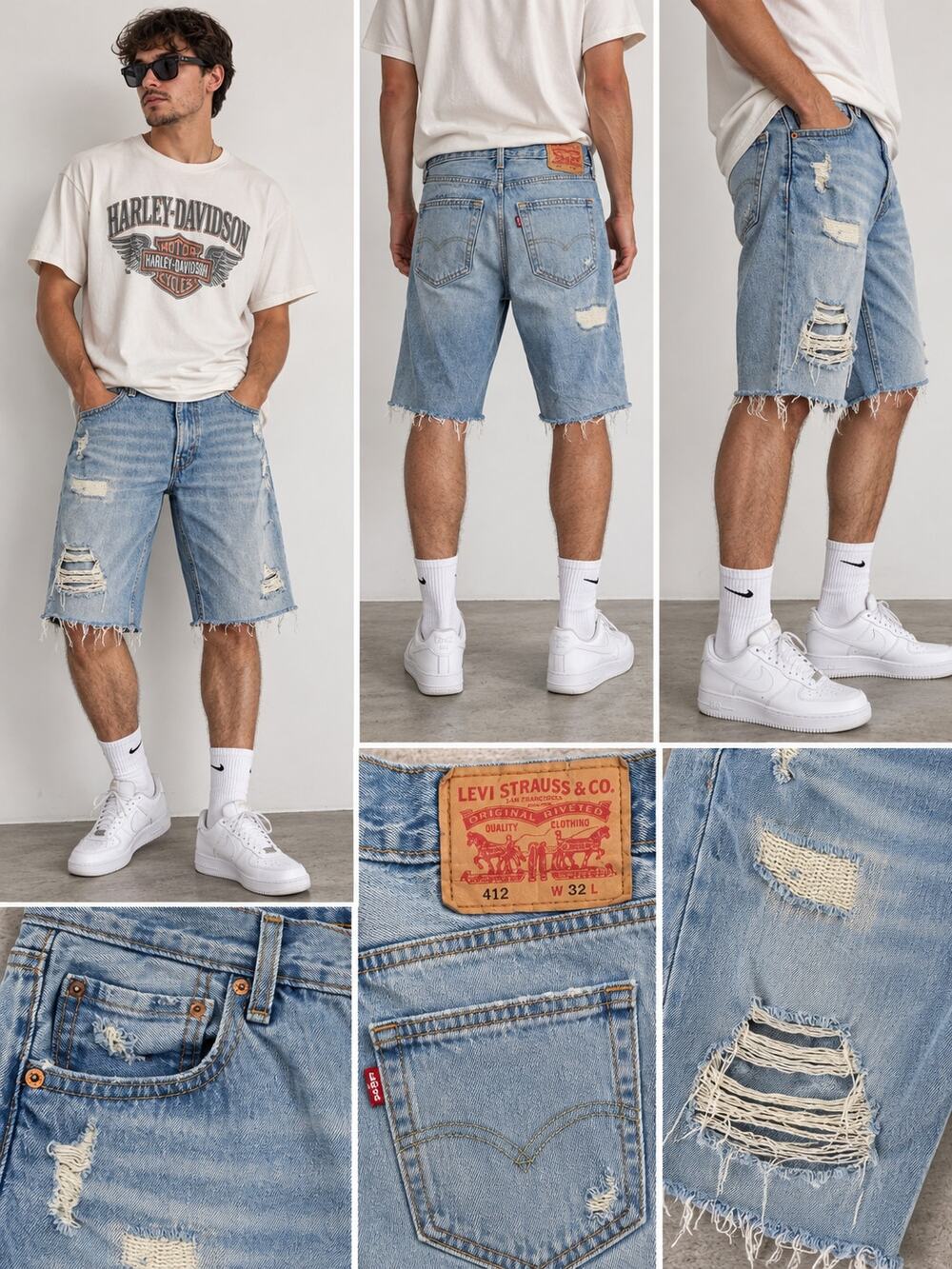 Levi’s 412 Mens W32 Distressed Denim Cutoff Jorts Light Wash Raw Hem Shorts